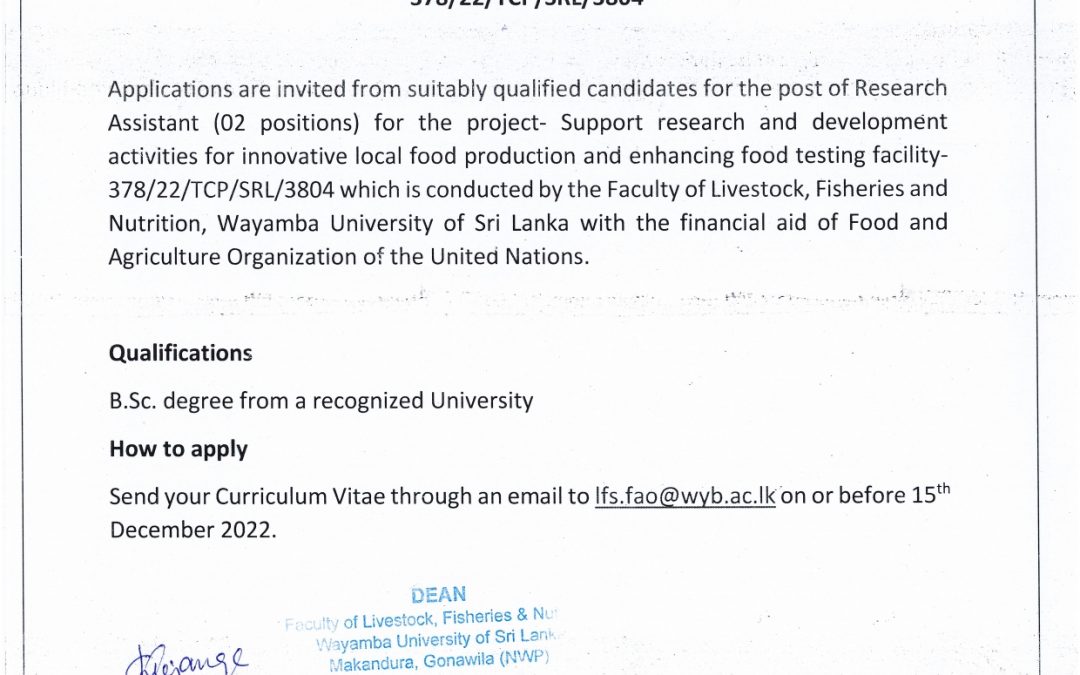 Vacancy- Research Assistant (02 Positions)