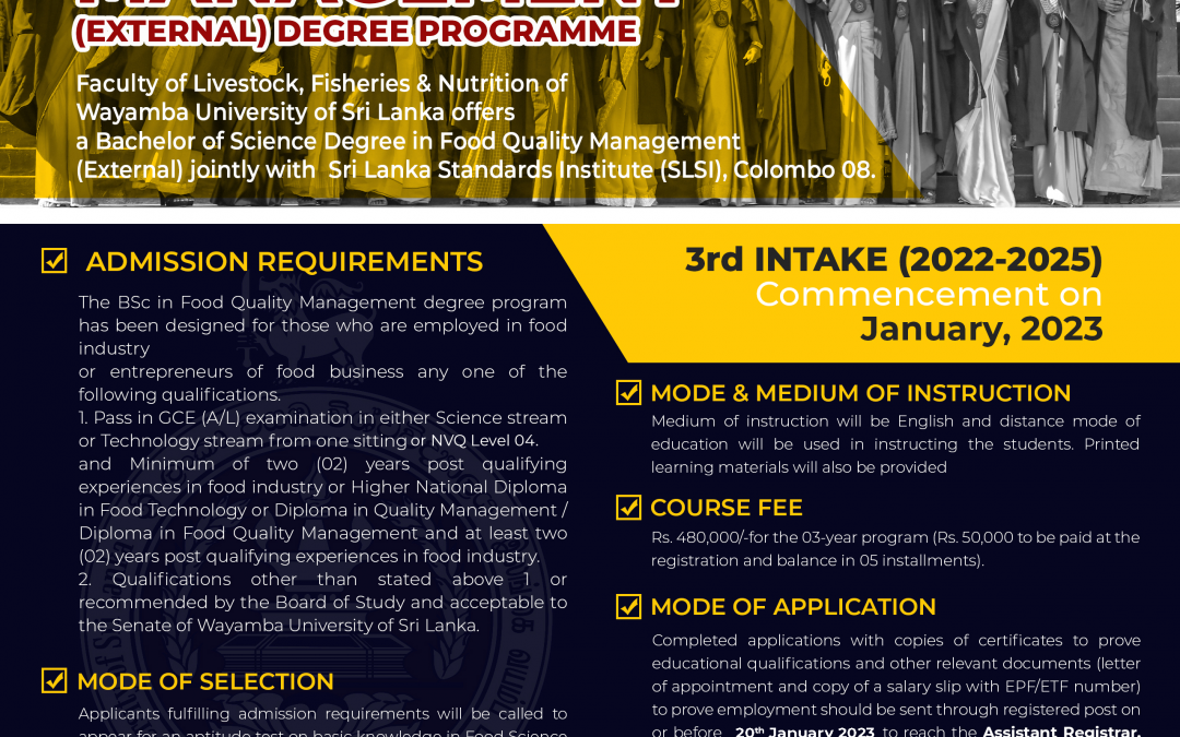 BSc. Food Quality Management (External) Degree Programme – 3rd Intake