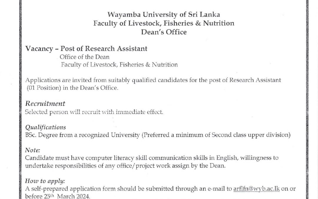 Vacancy – Post of Research Assistant