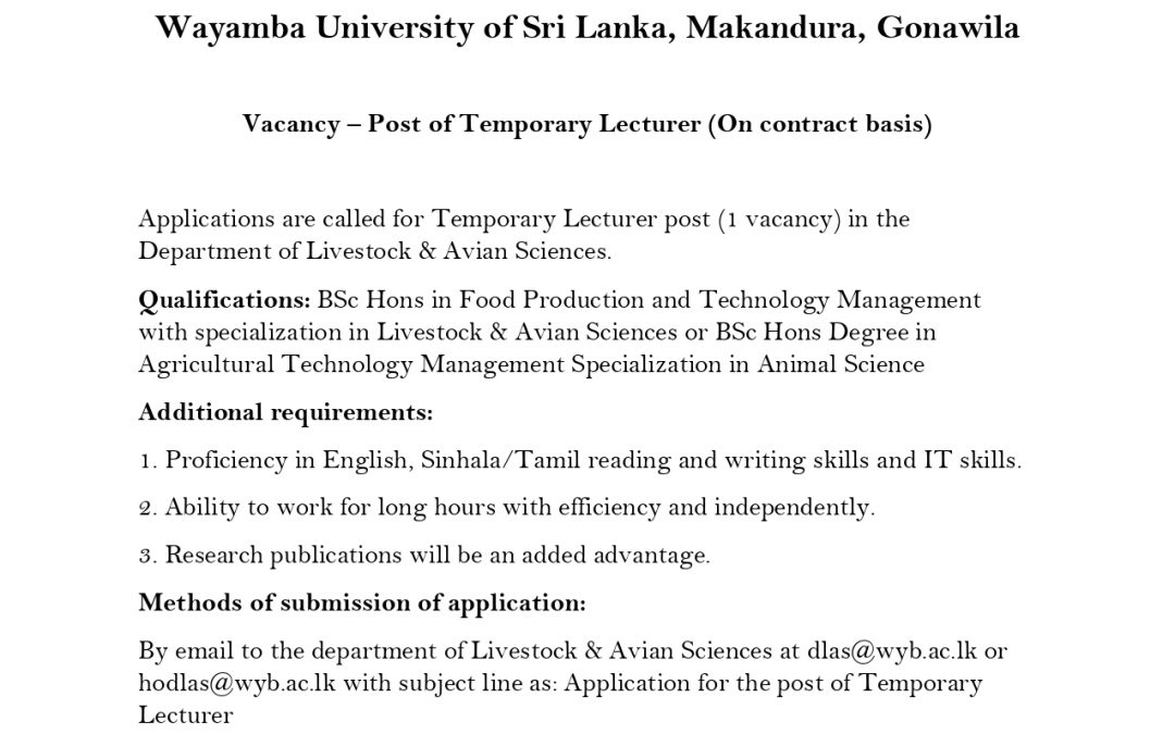 Vacancy – Post of Temporary Lecturer (On contract basis)