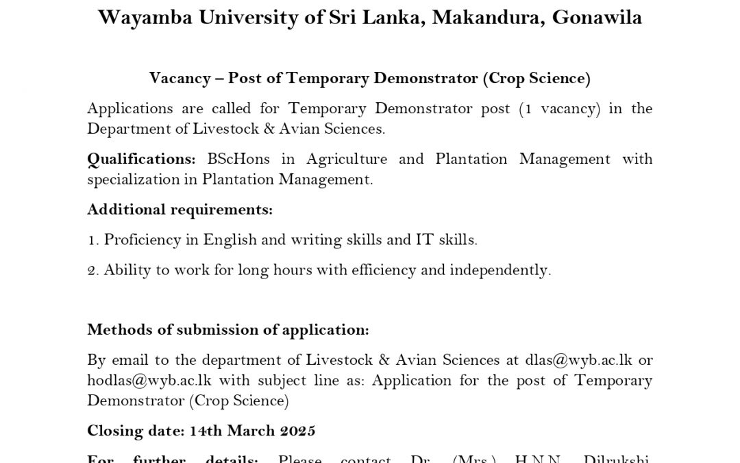 Vacancy – Post of Temporary Demonstrator (Crop Science)