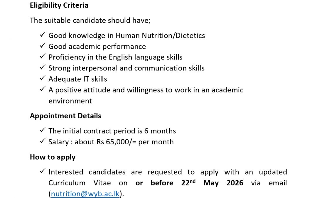 Department of Nutrition and Dietetics -Vacancies – Posts of Demonstrators