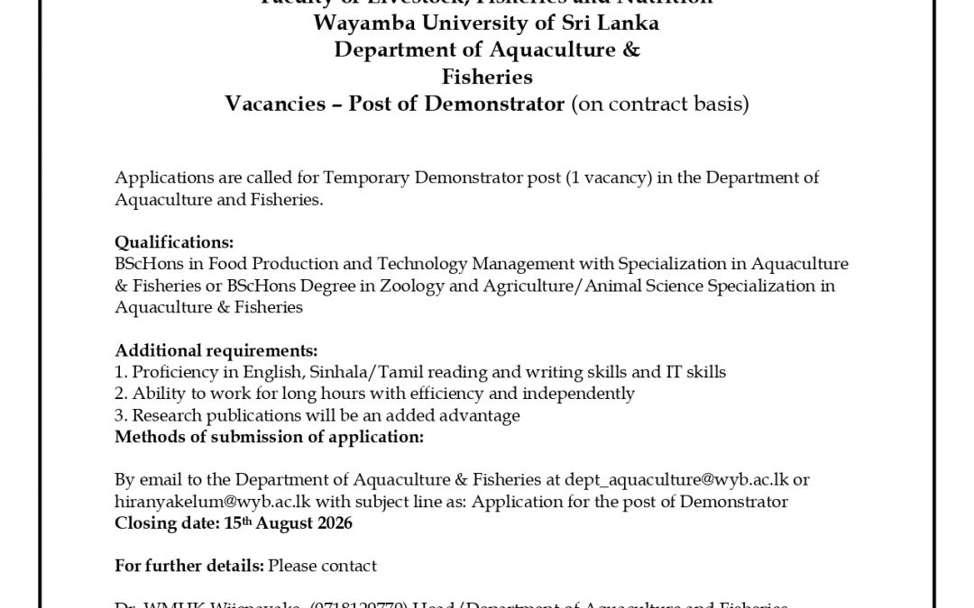 Vacancies – Post of Demonstrator (on contract basis) DAQF – Extended