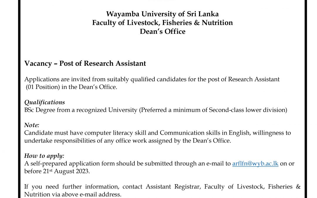 Vacancy – Post of Research Assistant